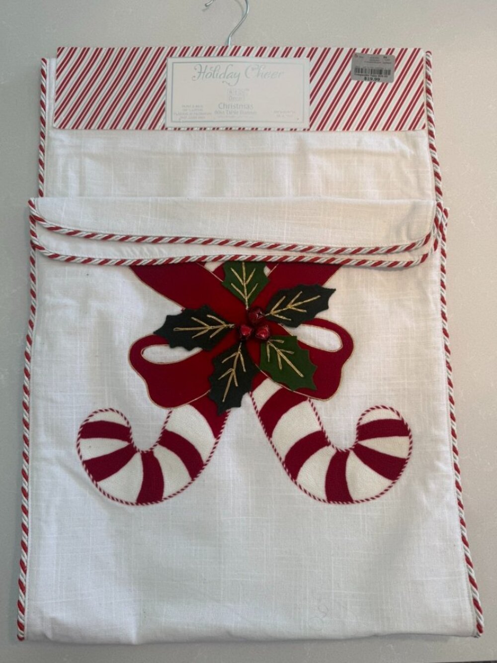 NWT Holiday Cheer Christmas Table Runner 16x90 Candy Cane Holly Embroidered Cott